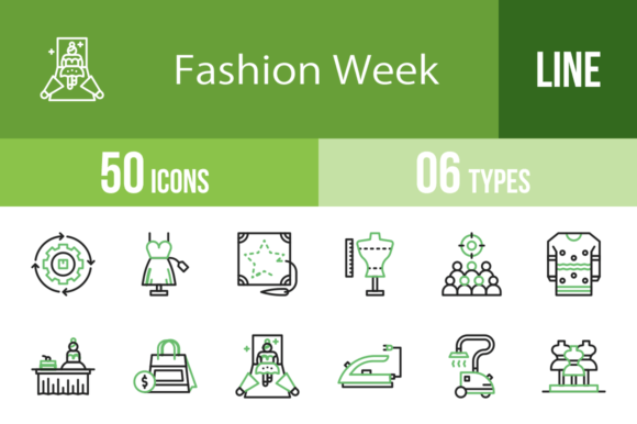 50 Fashion Week Line Green and Black Icons for Modern Design