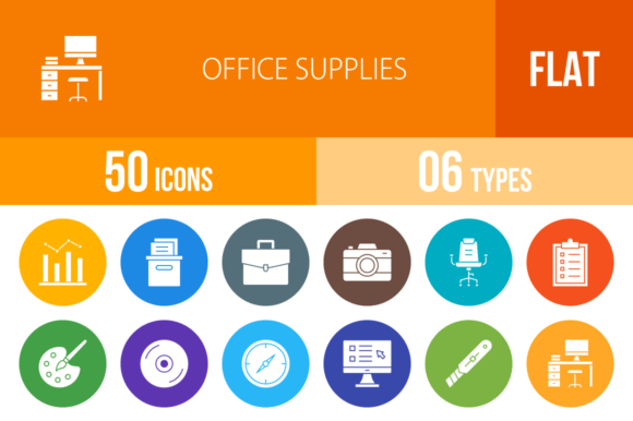 Essential Visuals: Mastering Your Projects with 50 Office Supplies Flat Round Icons