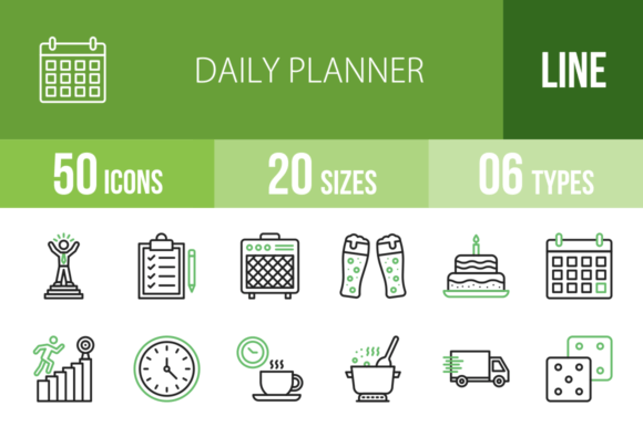 Master Your Schedule: 50 Daily Planner Green & Black Icons