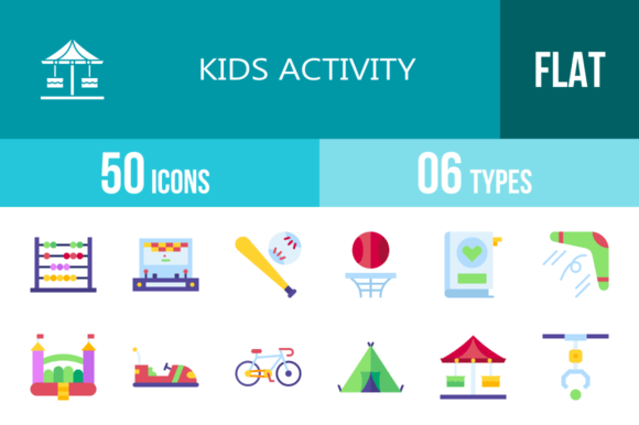 Versatile Design Assets: 50 Kids Activity Flat Multicolor Icons